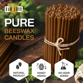 Danilovo Pure Beeswax Candles - No-Drip, Smoke-Less, Tall, Thin Taper Candles – Decorative Candles for Church Prayer, Decor or Birthday Candles – Honey Scented Candles – 6.3”x0.2” (Brown, 50pcs)