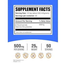 BulkSupplements- “.com NAD en Polvo Nicotinamida Adenina Dinucleótido, Suplemento NAD 500mg para Soporte Energético, Pur
