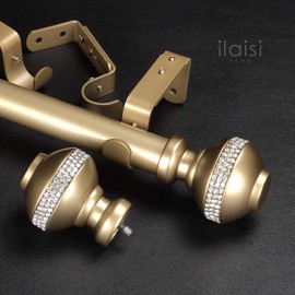 ILAISIHOME Luxury Gold Decorative Single Curtain Rod Set with Rhinestone Finials, 36-72 in, Standard Single Drapery Rod for 1 Pack, 1-1/8 in diameter, Adjustable Length