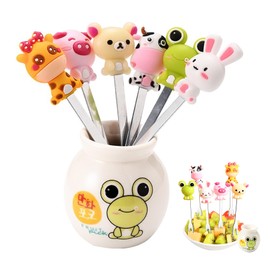 SXunacou Fruit Fork, Fun Cute Cartoon with Ceramic Storage Box Holder Stainless Steel Food Pick Forks for Home Household (B)