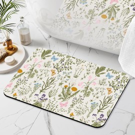 Identiy Bath Mat, Green Herbs and Wild Flowers Bathroom Rug, Soft Super Absorbent Machine Washable Quick Dry and Non-Slip Bathtub Mat for Tub Shower Bathroom Floor 17"x29"