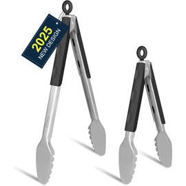 Hotec Stainless Steel Kitchen Tongs, Set of 2-9" and 12", Locking Metal Food Tongs for Cooking, Serving, BBQ, Grill Non-Slip Grip