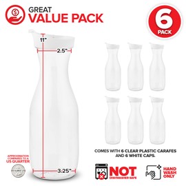 Plastic Juice Carafe with Lids (Set of 6) 32 oz Carafes for Mimosa Bar, Drink Pitcher with Lid, Water Bottle, Milk Container, Clear Beverage Containers for Fridge, Pantry Storage, Round Pitchers