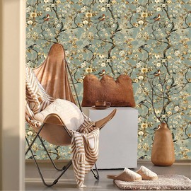 MuralPeel Blue/Yellow White Peony Flowers Bird Vintage Plants Peel and Stick Wallpaper Self Adhesive Removable Easy Peel Off Stick on Wall Paper for Bedroom Cabinet Renter