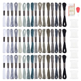 FREEBLOSS 48 Skeins Embroidery Floss White Gradient Grey Cross Stitch Threads with with Floss Bobbins, Needle Threader and 16 Embroidery Needles, 16 Colors, 8.7 Yards per Skein, 6 Strands
