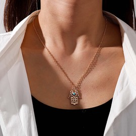 Cimenexe Bohemian Turquoise Hamsa Hand Necklace Gold Hamsa Pendant Necklace Turquoise Stone Choker Necklace Fatima Hand Necklace Chain Jewelry for Women and Girls Gifts