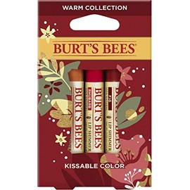 Burt's Bees Kissable Color - Juego de regalo navideño, 3 brillos de labios en caja de regalo festiva, colección cálida en peonía, higo y ruibarbo