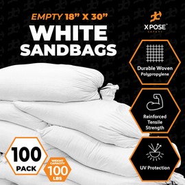 Woven Polypropylene Sand Bags for Flooding, Gravel-18" x 30" Sacks 100 lb Weight Limit, Military Grade Reusable Refillable Sand Bag for Hurricane Flood Protection, Empty Sandbags, White, Bundle of 100