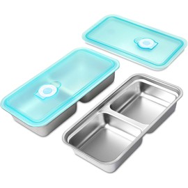 DEESEEUS Stainless Steel Snack Containers - Reusable Double Compartment Bento Box with Lids, Leakproof & Dishwasher-Safe Food Storage for Travel, Camping, Takeout
