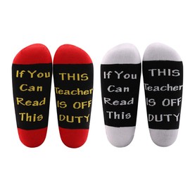 LEVLO Teacher Appreciation Gifts Teacher Socks If You Can Read This Teacher Is Off Duty Socks End Of School Gift (2 Pairs/Set - 4)