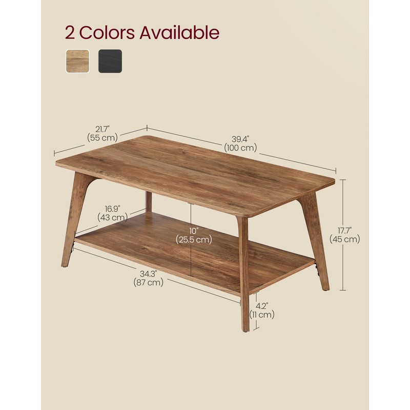 VASAGLE Coffee Table, 2-Tier Living Room Table with Storage, Center