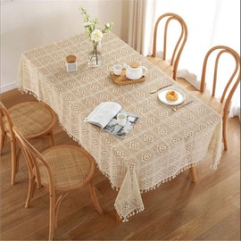 BMIDRUT Beige Cotton Crochet Tablecloths Lace Doilies Vintage Rectangle Crochet Tablecloths Table Cover Table Topper Wedding Home Party Table Decoration 140x100 cm