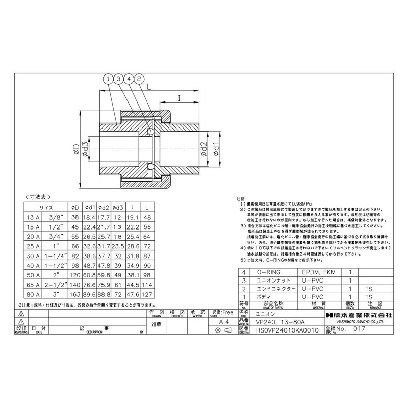 HS Valve VP240TS50 U-PVC HS Union Fitting TS Type 50A