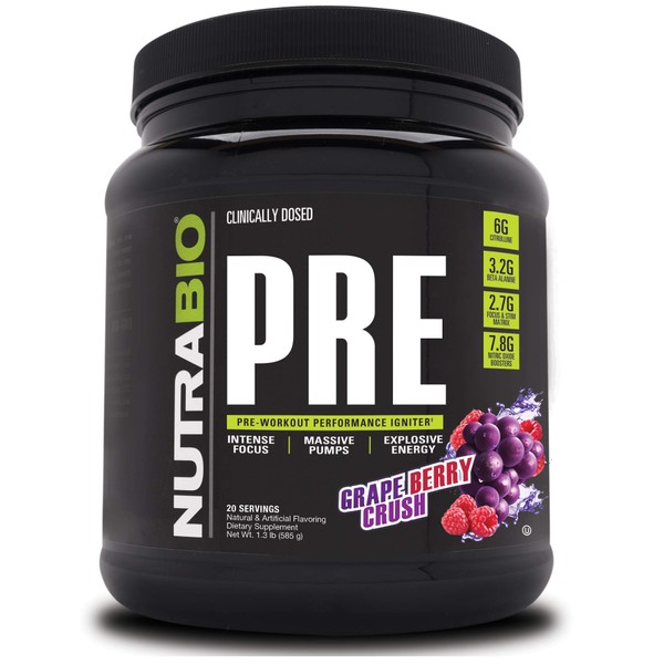 NutraBio PRE Workout Powder - Sustained Energy, Mental Focus, Endurance - Clinically Dosed Formula - Beta Alanine, Creatine, Caffeine, Electrolytes - 20 Servings - Grape Berry Crush