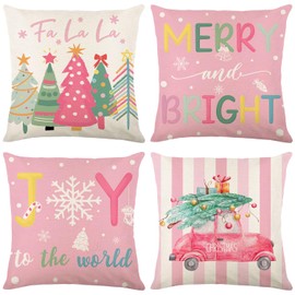 Pink Christmas Pillow Covers 18x18 Set of 4, Winter Holiday Decorative Pillow Covers for Sofa Couch Indoor Outdoor Patio Cushion Case