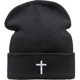 Baddery Knitted Hat: Cross - Jesus Christ God Christ Christian Prayer Church Holy Pray Passion - Winter Hat Beanie Workwear Hat - Women & Men Women & Men Urban Streetwear Gift Sport, black / white