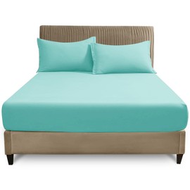Polycotton Plain Fitted Sheets Double, Breathable Elastic Pocket Bottom Sheet, Machine Washable, Aqua