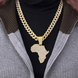 CAVIEA Sparkling Africa Map Charm Cuban Chain Link Choker Necklace for Men Women Fake Diamond Iced out Bling Hip-hop 90s Rapper Costume Party Jewelry, Rhinestone, Cubic Zirconia
