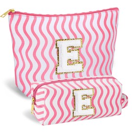 SEFORICO Initial Makeup Bag- Cosmetic Bag Cute Teen Girl Gifts Make Up Case Large Capacity Makeup Bag Travel Bag Gift for Women Valentines Day Bridesmaid Friend Birthday Gifts(Pink E)