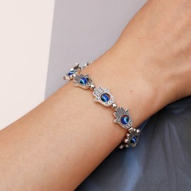 Zeshimb Evil Eye Hamsa Bracelet - Crystal Beaded Fatima Hand Bracelet with Stretch Sideway Blue Eye Hamsa Design - Turkish Lucky Jewelry for Women and Men