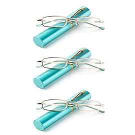 3 Packs Nebee Fashion Pocket Readers Ultra Slim Compact Reading Glasses Spring Temple w/Portable Nebee Fashion Pocket Clip Aluminum Case Teal +3.00