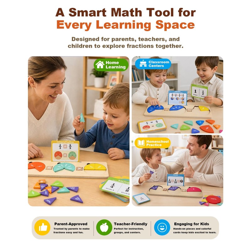 Wooden Fraction Manipulatives, Fraction Tiles & Circles,Montessori Math Toys for