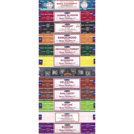 Satya Incense Variety Pack of 12. Each is a 15g Box - Nag Champa, Jasmine Blossom, Midnight, Sandalwood, Patchouli Forest, Blessing, Super Hit, Celestial, Rain Forest, Fortune, Romance, Sunrise