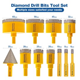 HIGHDRIL Diamond Hole Saw Kit - (6/8/10/20/25/28/32/45/50/65mm+35mm Chamfer) Diamond Core Drill Bit Set with Hollow EVA Guide Jig for Porcelain Ceramic Granite Marble Hard Materials