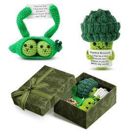 2Pcs Emotional Support Crochet Doll Pea & Broccoli with GiftBox,Handmade Positive Knitted Toy with Encouraging Card for Women,Family,Friends Kids, Cute Motivational Plants Doll for Home Desk Decor