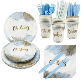 AIBIIN 112 pcs Baby Shower Decorations for Boy Blue Watercolor Pastel Party Supplies Disposable Dinnerware Oh Baby Newborn Baby Shower Birthday Paper Plates Napkins Cups Serves 16 Guests