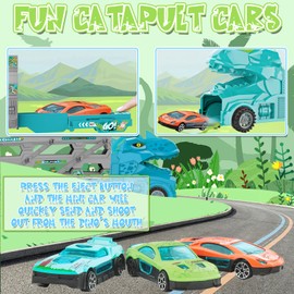 KAEGREEL Dinosaur Trucks Toys for Kids Boys 3 4 5 6 7 8 Year Old, 33Pcs Vehicle Playset with 12 Catapult Cars & Foldable Dinosaur Transport Truck Dino Truck Toys Gifts for Kids Toddlers Birthdays Xmas