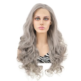 Wiginway Long Wave Lace Front Wigs Women Natural Looking Wavy Synthetic Wig 24 Inches (Grey)