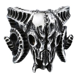HIJONES Mens Stainless Steel Vintage Silver Tone Black Horn Goat Skull Ring Open-end Style Size Z