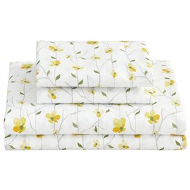 Softan Yellow Floral Sheets for Queen Size Bed Printed Bed Sheets - 4 Piece Soft Microfiber Patterned Fitted Sheets Queen with 15" Deep Pocket and Corner Straps,Cute Flower Sheets & Pillowcase Set