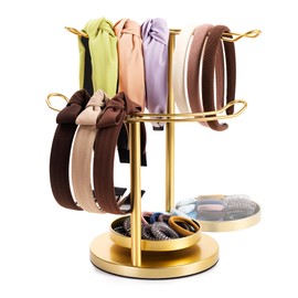 KONDYFAYO Headband Holder Organizer for Girls, Stainless Steel 2 Tier Design with 360° Rotating Headband Storage Stand, Gold Metal Head Band Holder for Women Entryway Bedroom Dresser Home Decor (Gold)