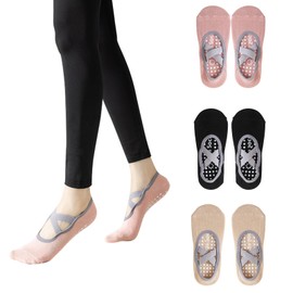 JEKUGOT 3 Pairs Non-Slip Yoga Socks - Women's Cotton Pilates Barre Dance Gym Socks - Fall Prevention Grip Socks for Pilates, Fitness, Ballet, Home Workout
