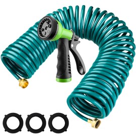 Pangda 100 Ft/ 50 Ft/ 25 Ft x 3/8'' Coil Garden Hose EVA Recoil Garden Self Coiling Expanding Water Hose with 6 Function Spray Nozzle Universal 3/4'' Brass Connector Fitting for Outdoor Yard(50 Ft)