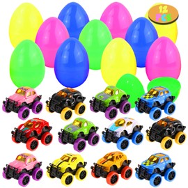12 Pcs Prefilled Easter Eggs Filled with Pull Back Monster Cars Toys for Boys, Easter Egg with Trucks Toys for Kids, Easter Basket Stuffers, Easter Party Favors