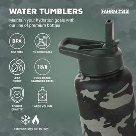 FAHRMOSIS Botella de agua de 40 oz con pajita y correa de soporte, jarra de agua aislada que incluye 3 tapas, botellas de agua de acero inoxidable para hombres y mujeres - Camo