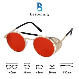 besbomig Retro Round Steampunk Sunglasses for Men and Women Polarised UV Protection Hippie Metal Frame Festive Party Glasses Fancy Dress Glasses Fashion Accessory, Gold Frame & Red Lens, Unit size