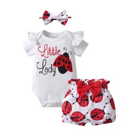 Infant Baby Girls Summer Clothes Short Sleeve Ruffle Print Romper Shorts Headband Outfits Set White 9-12 Months