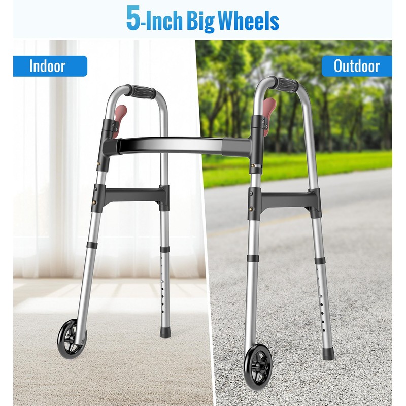 HOMLAND Walkers for Seniors, 2-Button Folding Walkers with Wheels, Lightweight