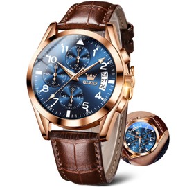 OLEVS Mens Leather Watch Chronograph Brown Blue Watches for Men Large Analog Men's Wrist Watch with Date Water Resistant Mens Dress Watch Multifunction Rose Gold Easy Read Sport Watch Reloj De Hombre