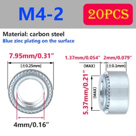 Qrity Pack of 20 Nuts, M4-2 mm Self-Locking Nuts, Pressure Rivet Nut, Galvanised Carbon Steel, Self-Clamping Nuts for Sheet Metal