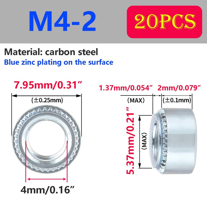 Qrity Pack of 20 Nuts, M4-2 mm Self-Locking Nuts, Pressure