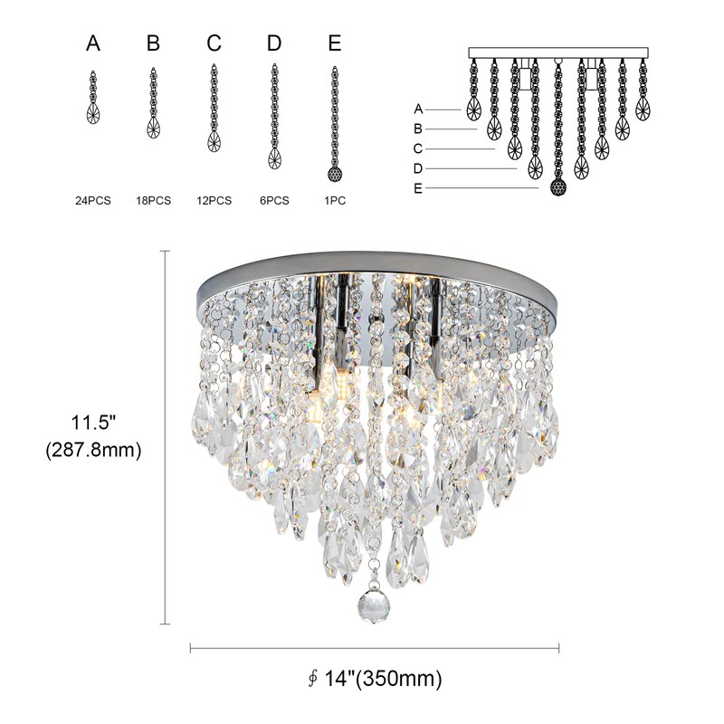 NSRCE 4-Light Crystal Chandeliers Flush Mount, 14 Inches Bedroom Close