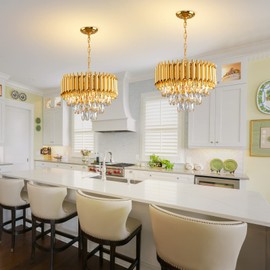 Gold Crystal Chandelier 3-Tier Dining Room Chandelier Light fixtures Modern Chandeliers for Dining Room Small Pendant Light Fixture for Living Room Foyer Kitchen Island Entryway Round 5 Light W15.7”