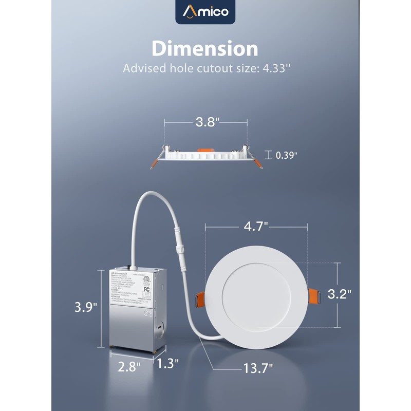Amico1 Pack 4 Inch 5CCT Ultra-Thin LED Recessed Ceiling Light
