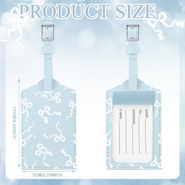 Threehoney 4 Pcs Coquette Bow Luggage Tags Preppy Cute Trendy Aesthetic Gifts PU Leather Travel Name Identifiers Tags (Blue)