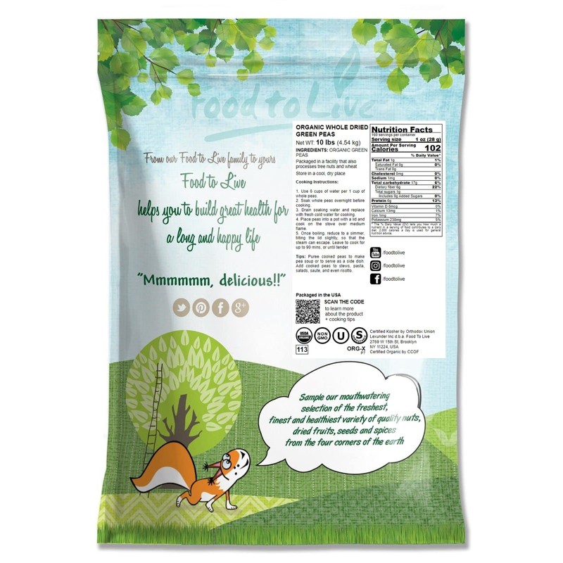 Food to Live Organic Whole Dried Green Peas, 10 Pounds